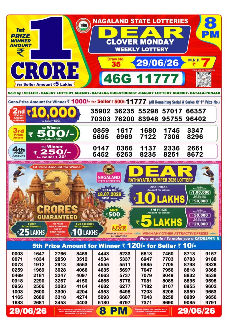 West Bengal Dear Lottery Result 8PM 29-06-2026