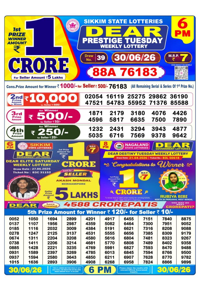 Lottery Result West Bengal 6PM 30-06-2026