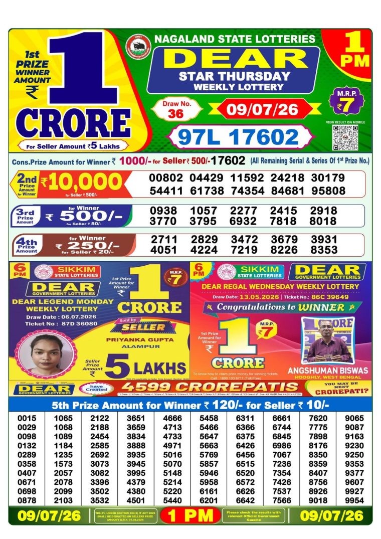 Lottery Sambad West Bengal 1PM Result 09-07-2026