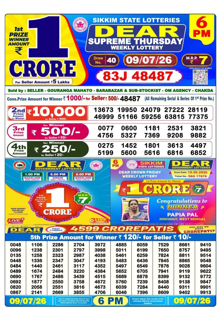 Lottery Result West Bengal 6PM 09-07-2026