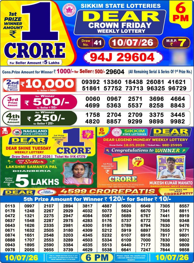 Lottery Result West Bengal 6PM 10-07-2026