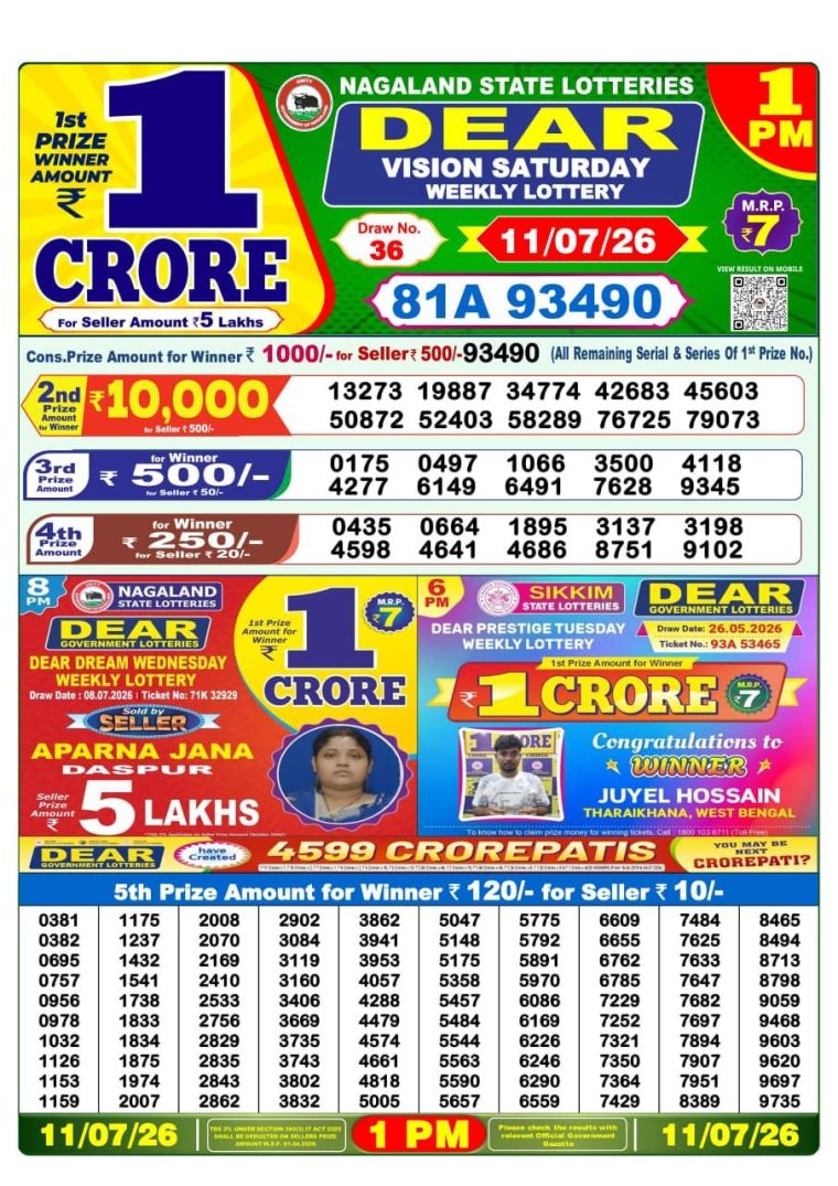 Lottery Sambad West Bengal 1PM Result 11-07-2026