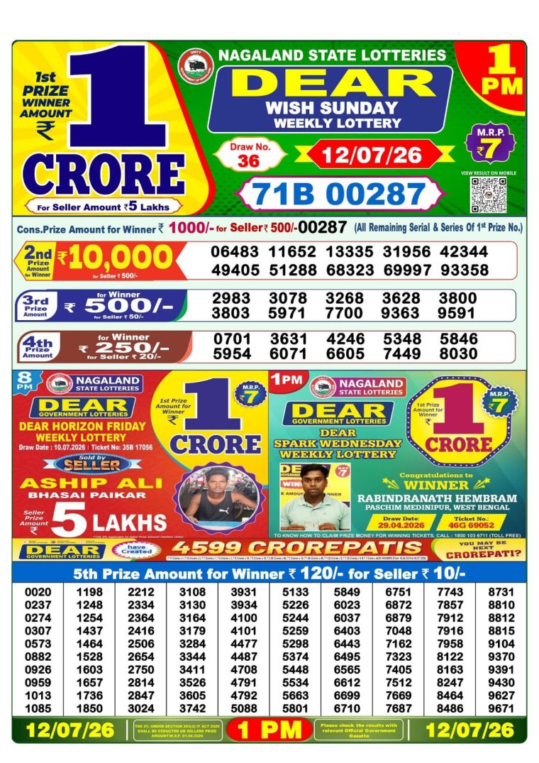 Lottery Sambad West Bengal 1PM Result 12-07-2026