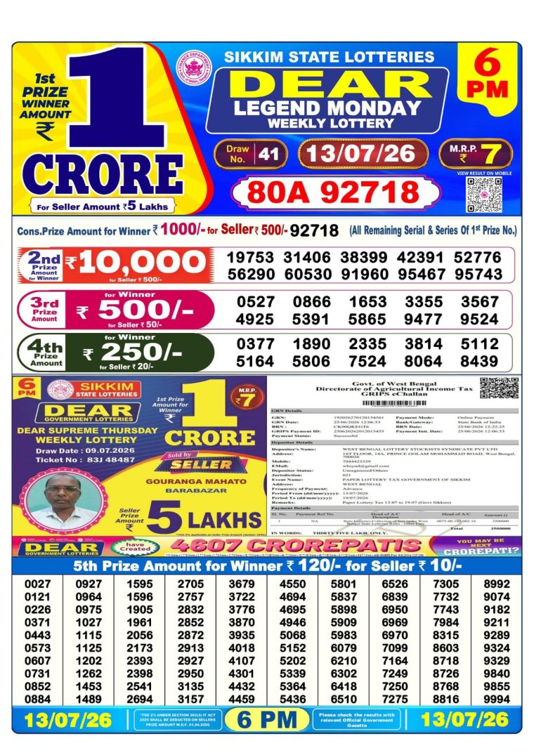 Lottery Result West Bengal 6PM 13-07-2026