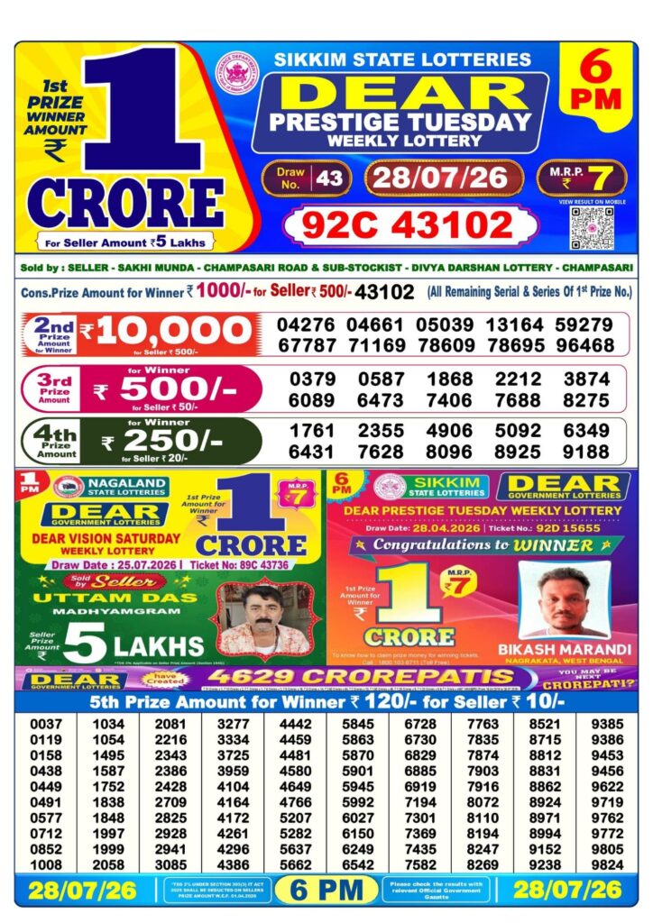 Lottery Result West Bengal 6PM 28-07-2026
