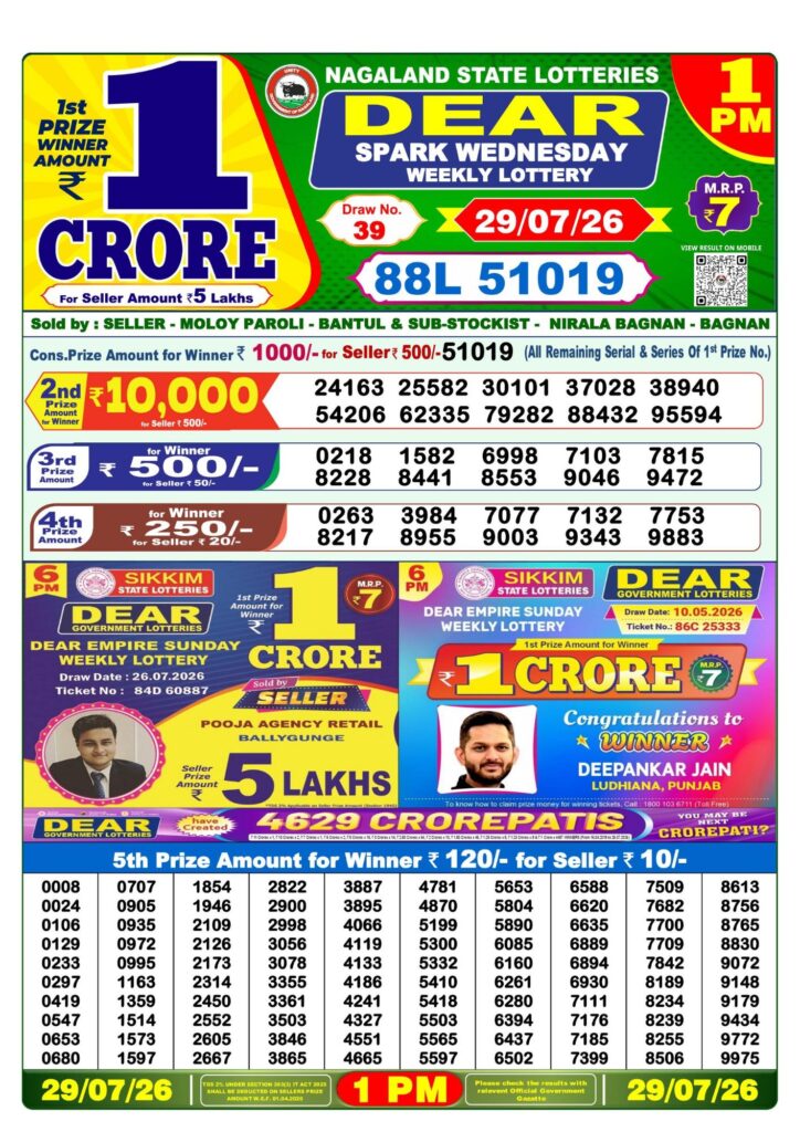 Lottery Sambad West Bengal 1PM Result 29-07-2026