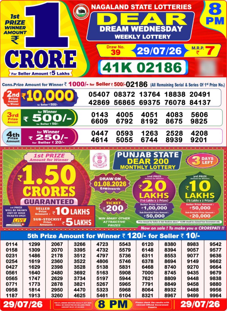 West Bengal Dear Lottery Result 8PM 29-07-2026