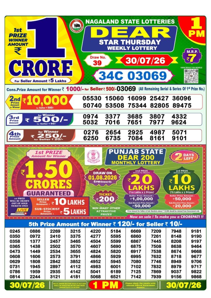 Lottery Sambad West Bengal 1PM Result 30-07-2026