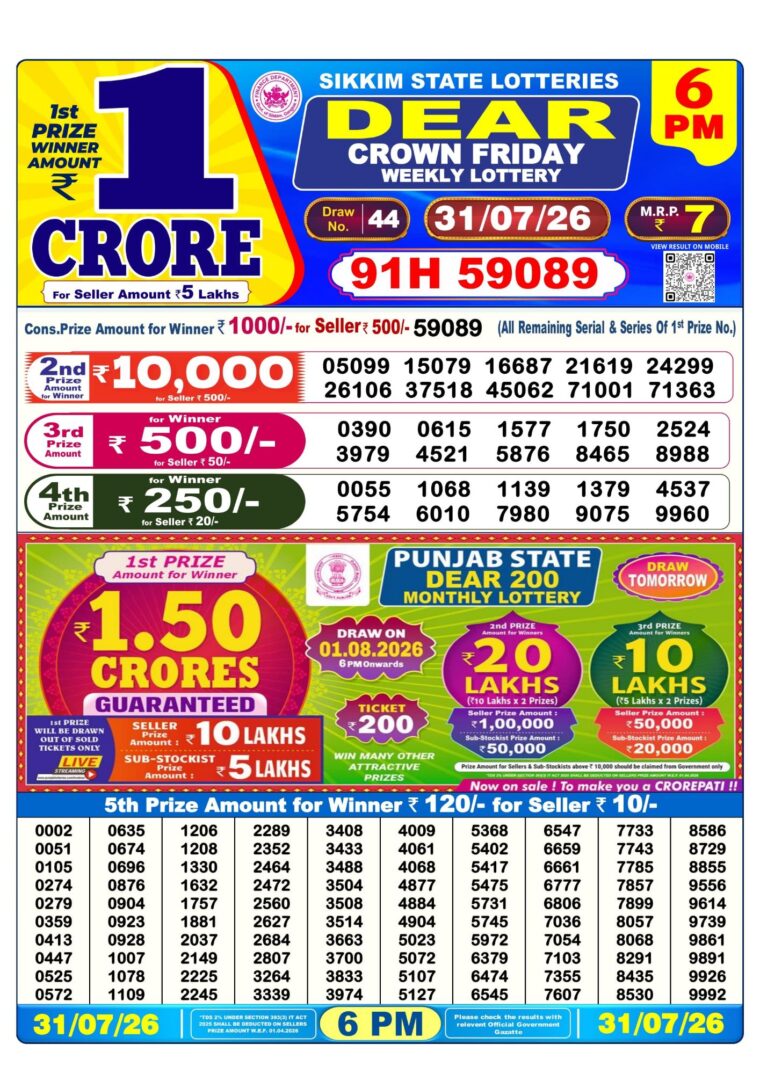 Lottery Result West Bengal 6PM 31-07-2026