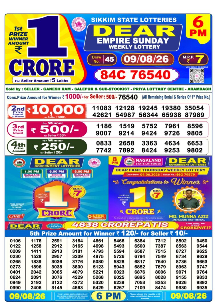 Lottery Result West Bengal 6PM 09-08-2026