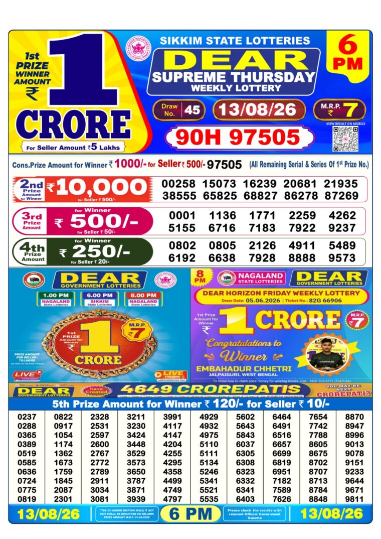 Lottery Result West Bengal 6PM 13-08-2026