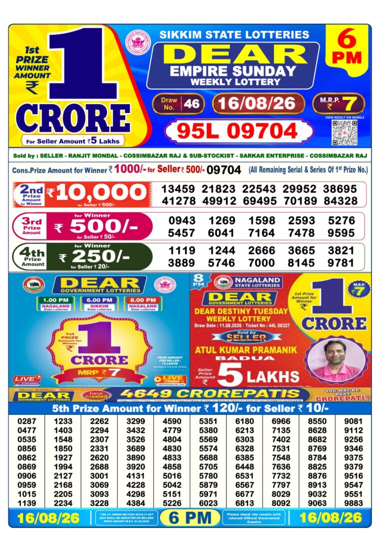 Lottery Result West Bengal 6PM 16-08-2026