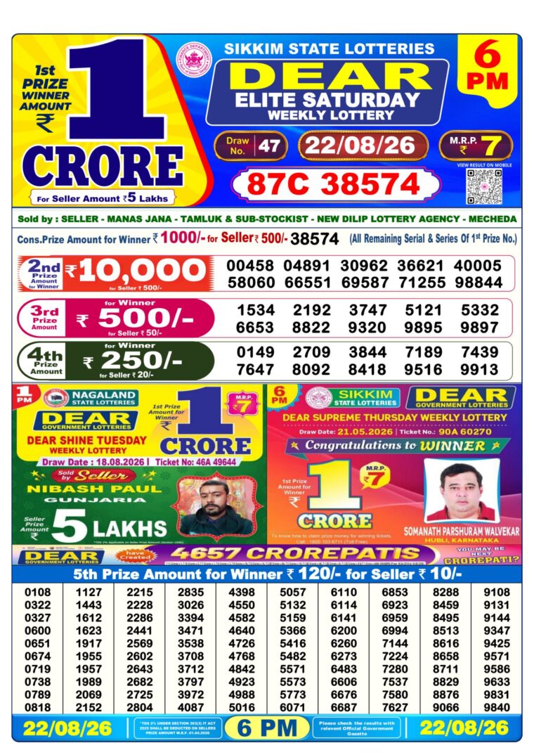 Lottery Result West Bengal 6PM 22-08-2026