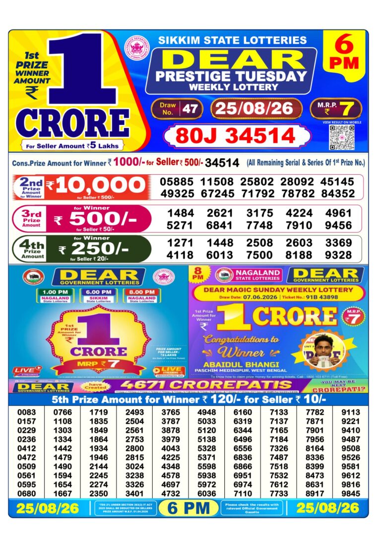 Lottery Result West Bengal 6PM 25-08-2026
