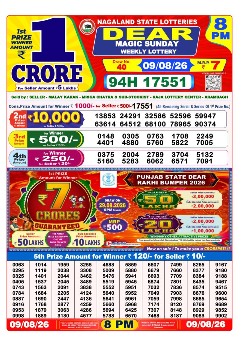 West Bengal Dear Lottery Result 8PM 09-08-2026