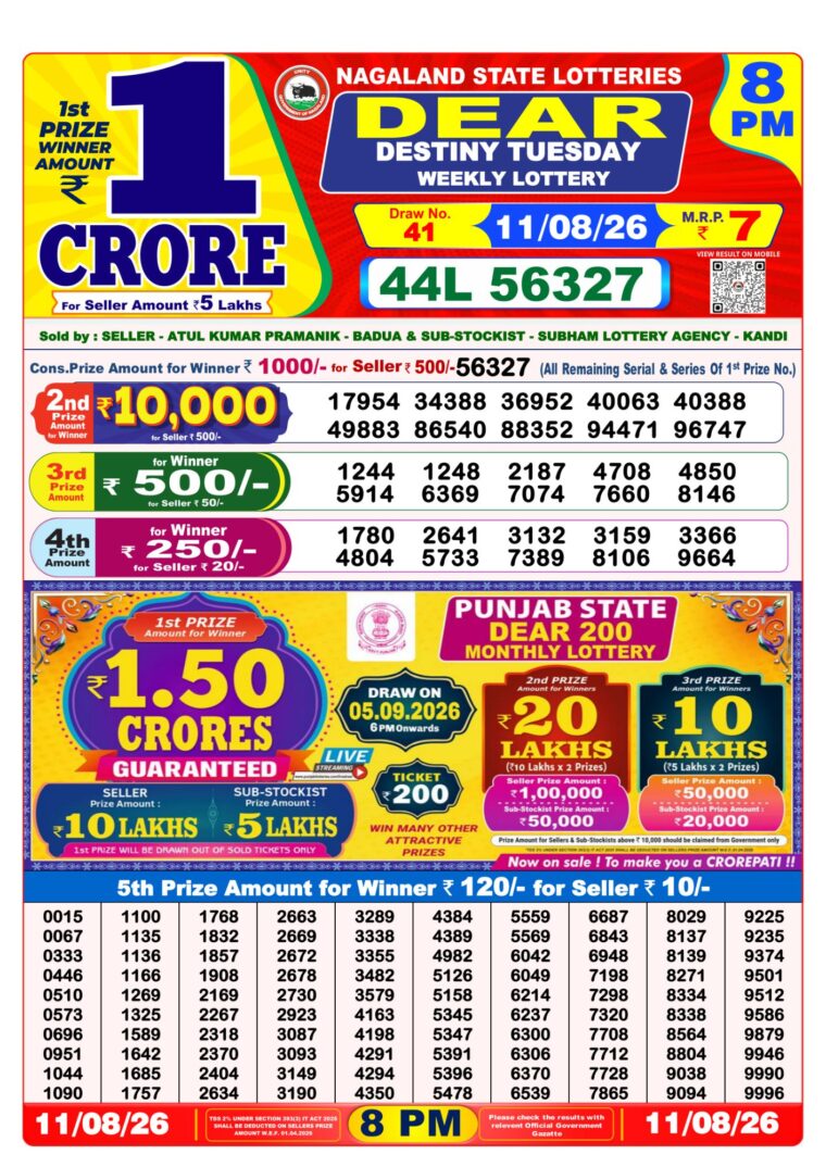 West Bengal Dear Lottery Result 8PM 11-08-2026
