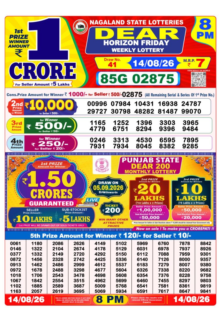 West Bengal Dear Lottery Result 8PM 14-08-2026