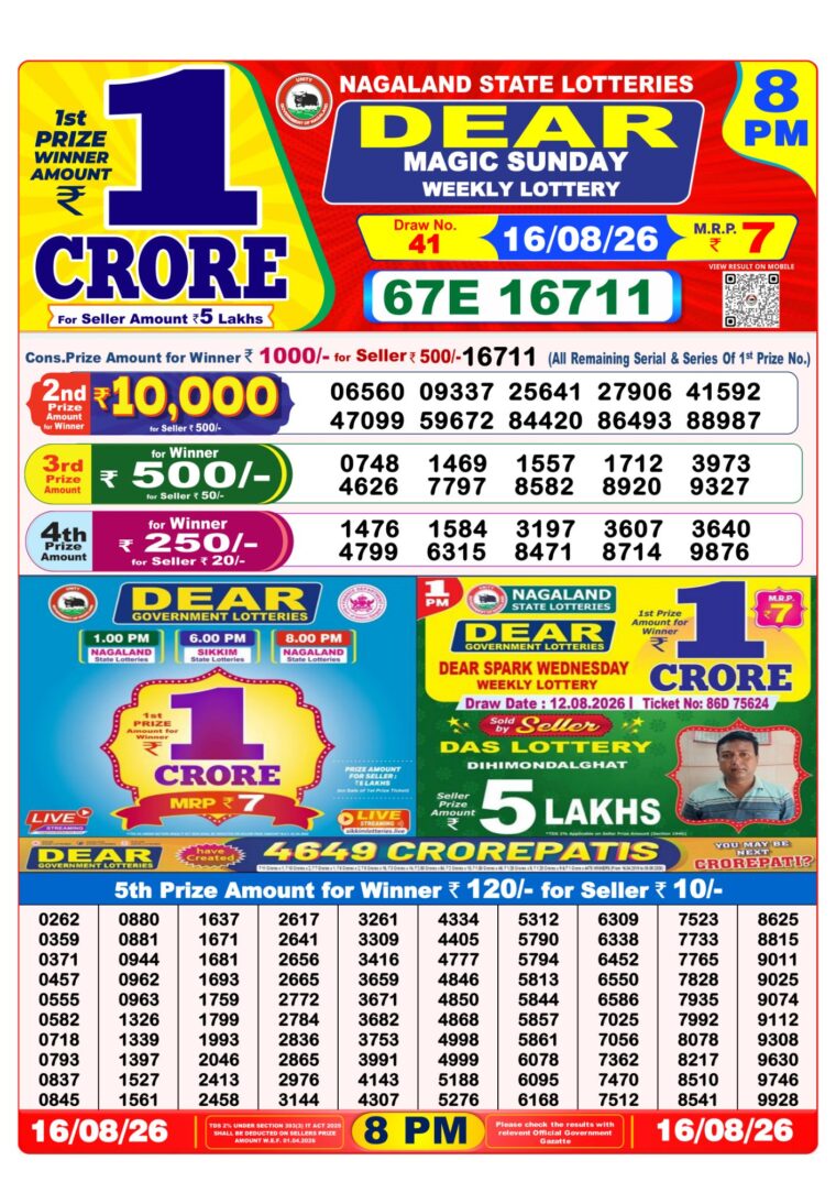 West Bengal Dear Lottery Result 8PM 16-08-2026