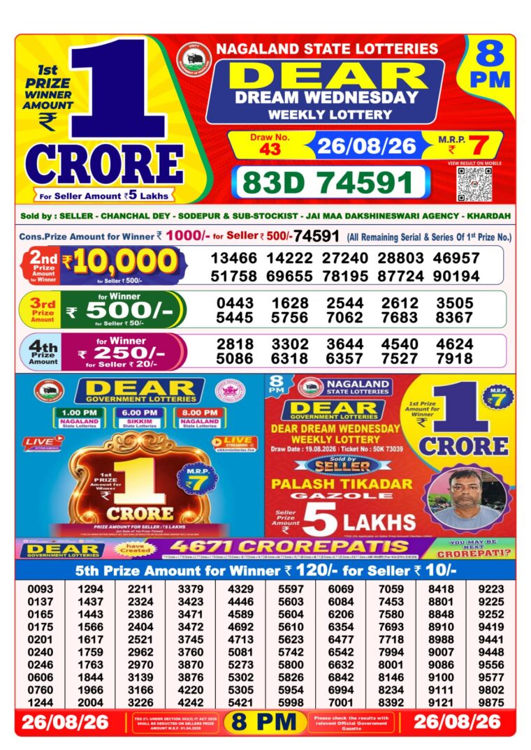 West Bengal Dear Lottery Result 8PM 26-08-2026