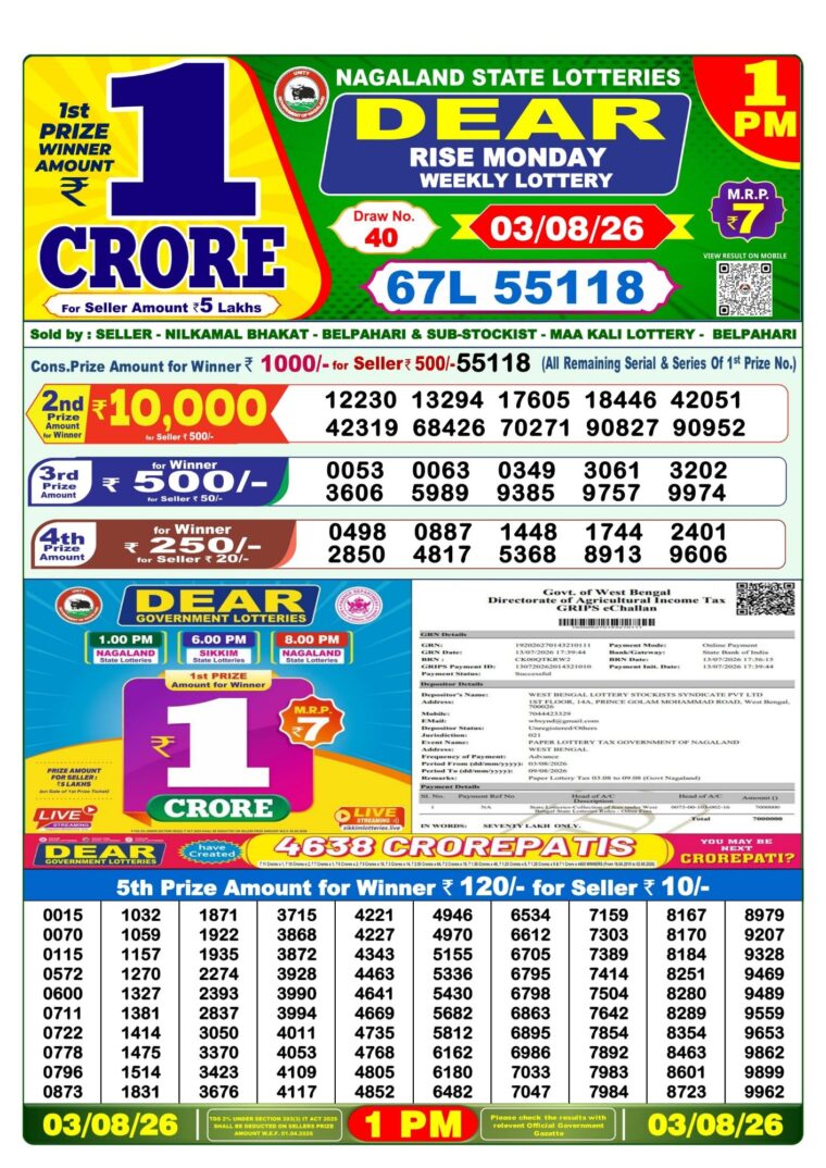 Lottery Sambad West Bengal 1PM Result 03-08-2026