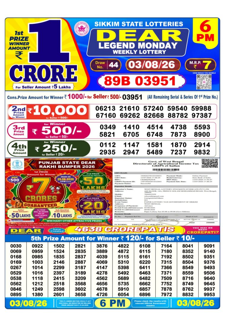 Lottery Result West Bengal 6PM 03-08-2026