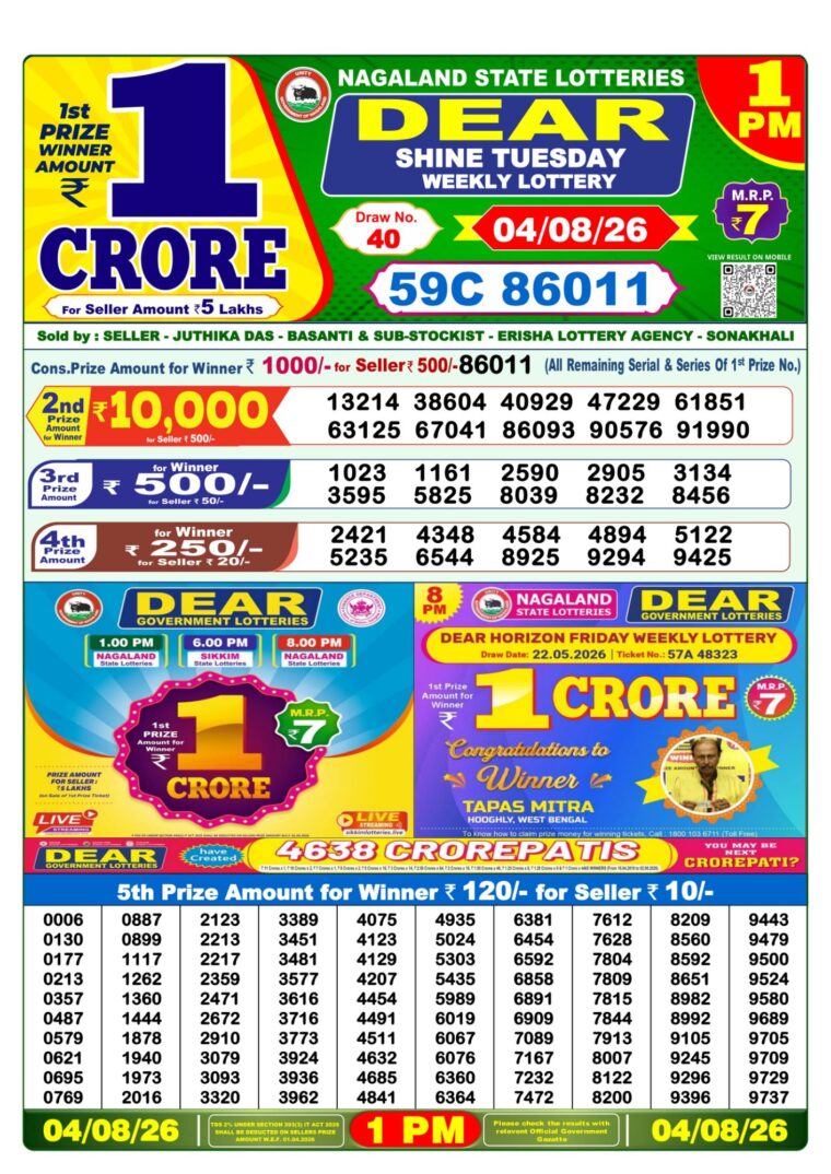 Lottery Sambad West Bengal 1PM Result 04-08-2026