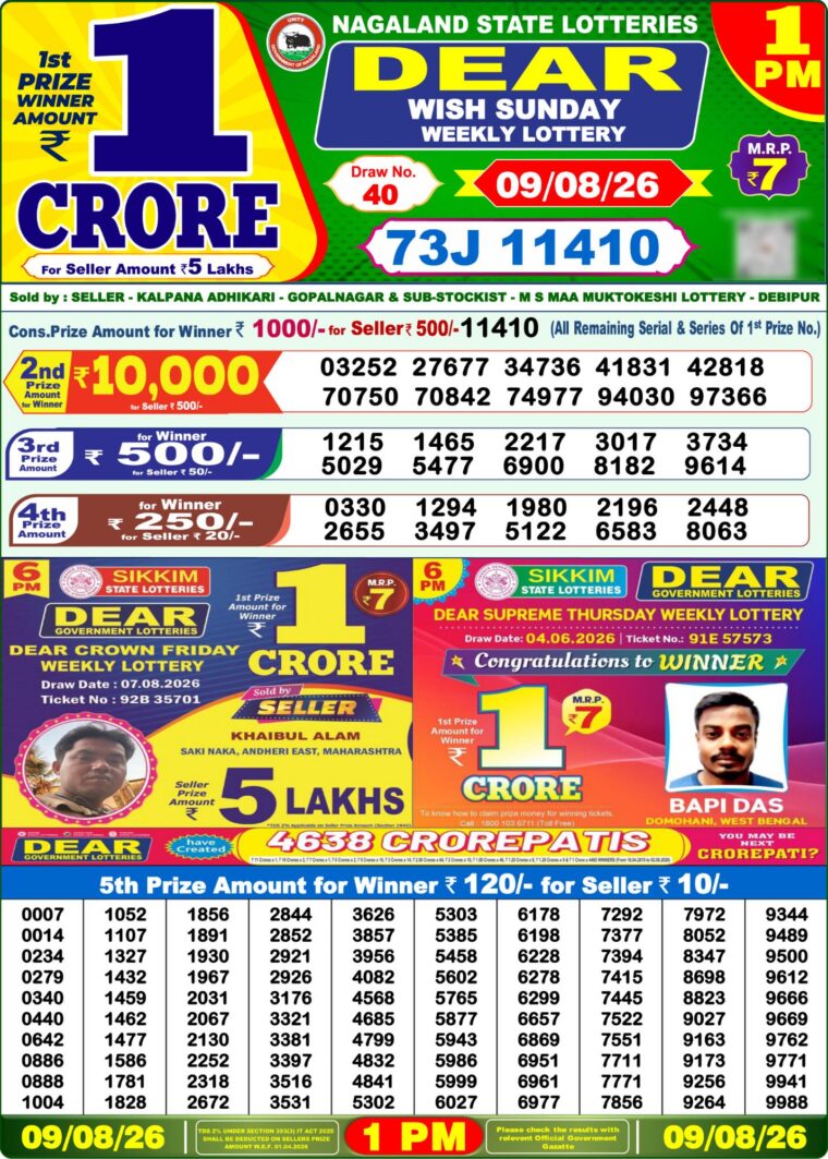 Lottery Sambad West Bengal 1PM Result 09-08-2026