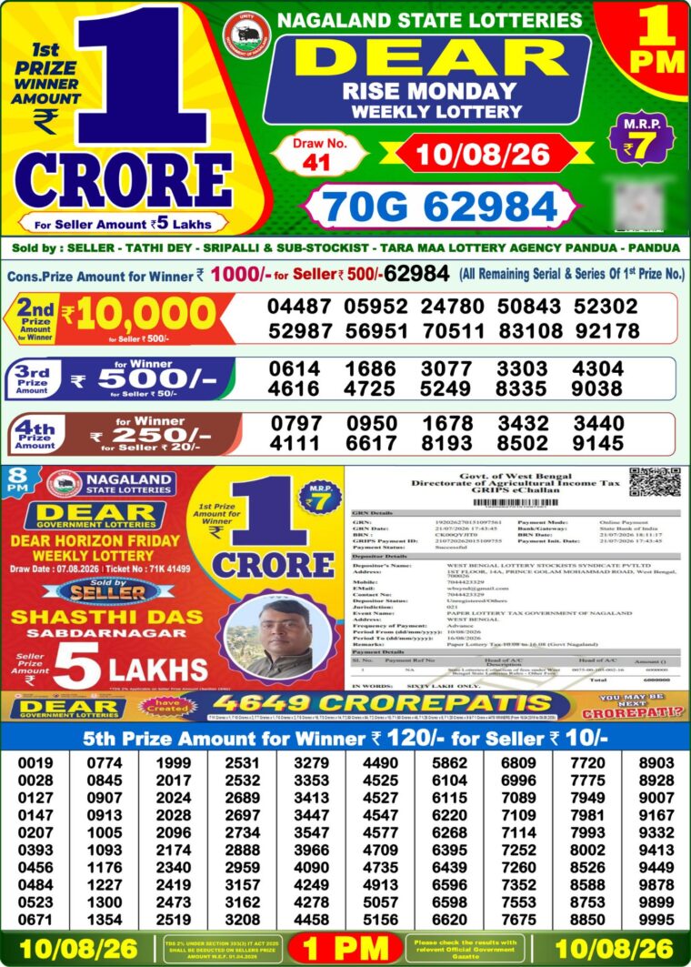 Lottery Sambad West Bengal 1PM Result 10-08-2026