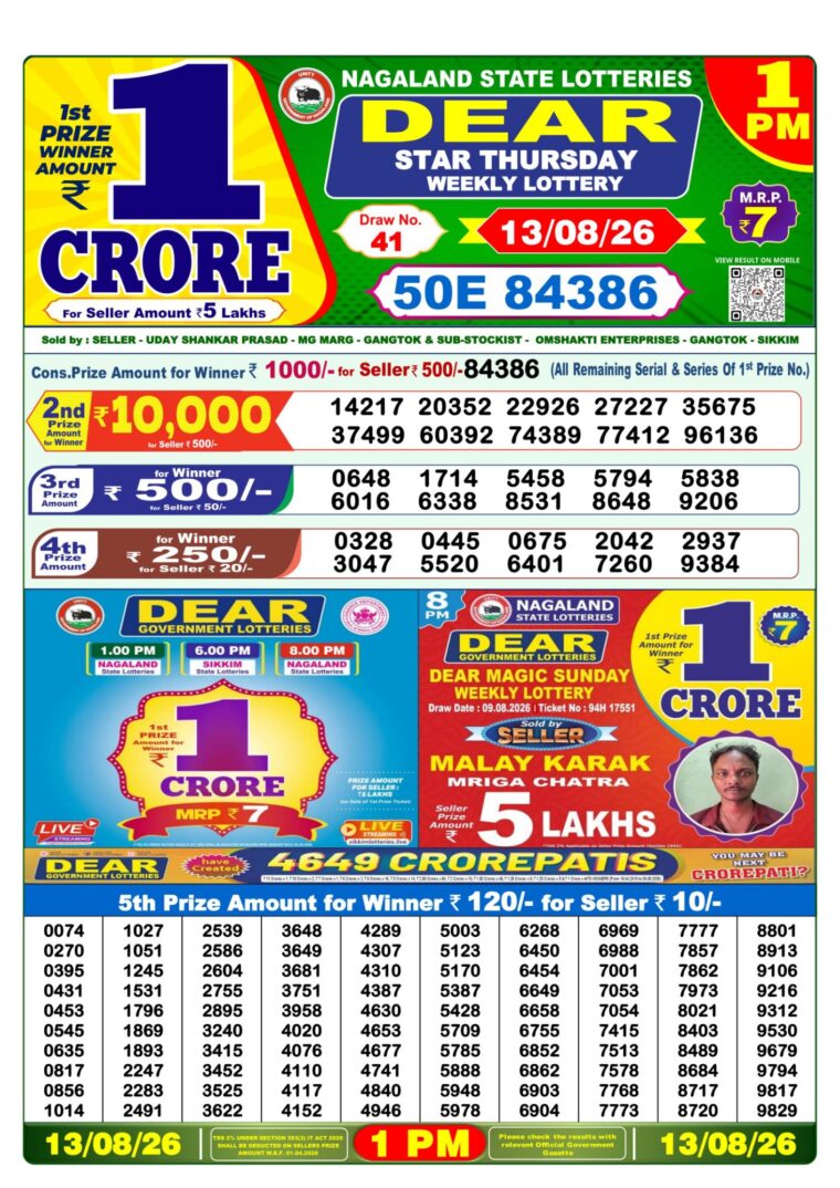 Lottery Sambad West Bengal 1PM Result 13-08-2026