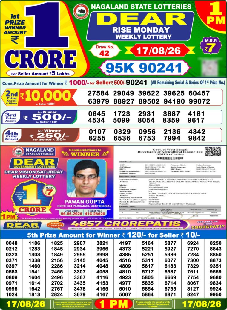 Lottery Sambad West Bengal 1PM Result 17-08-2026