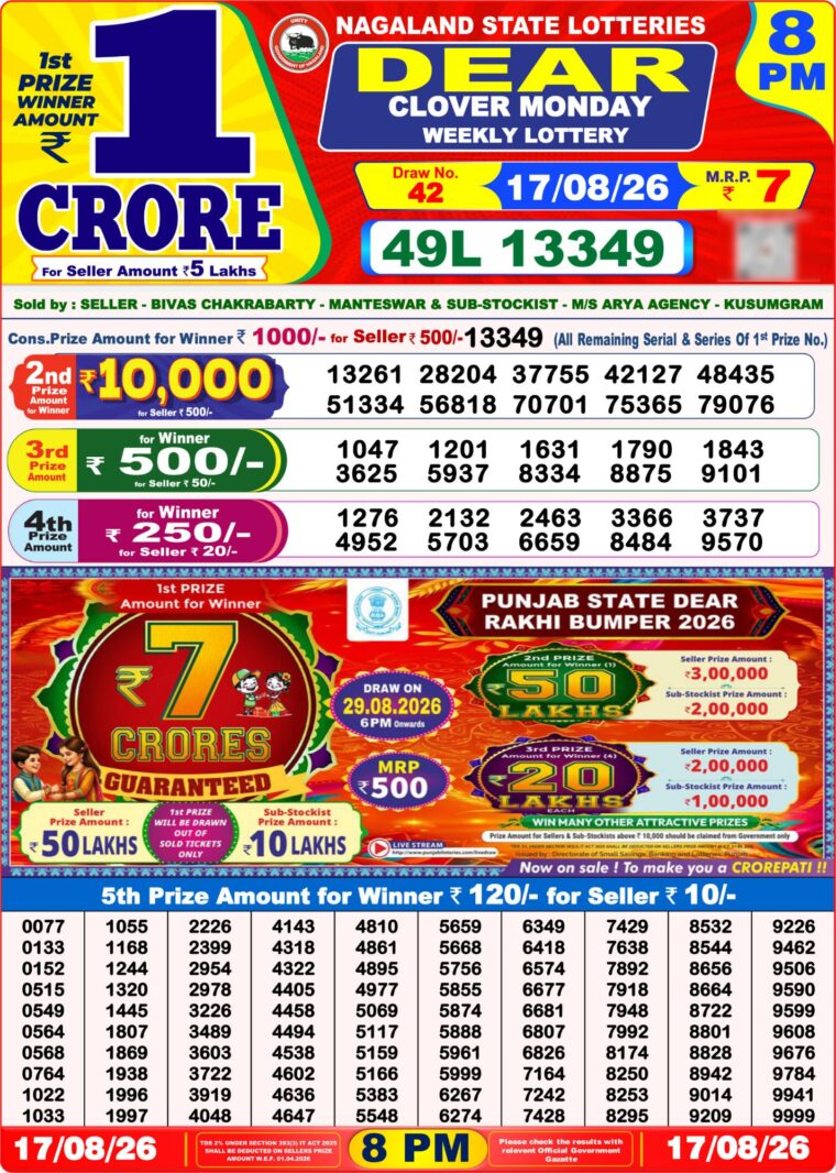 West Bengal Dear Lottery Result 8PM 17-08-2026