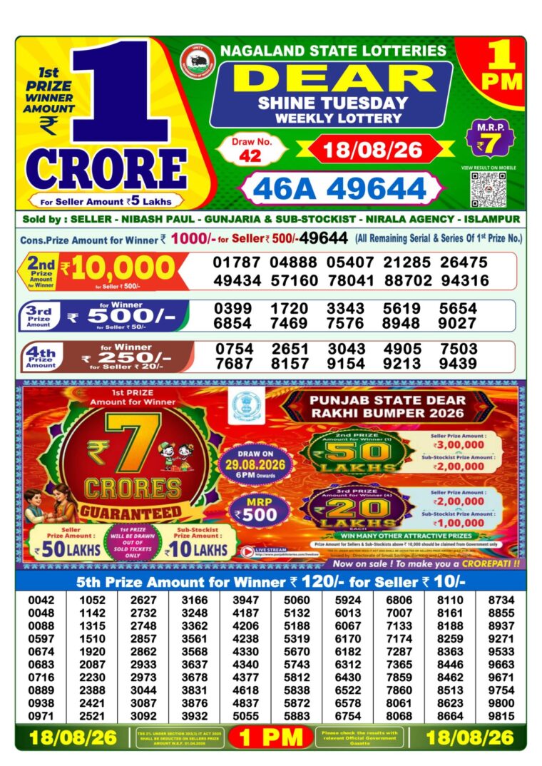 Lottery Sambad West Bengal 1PM Result 18-08-2026