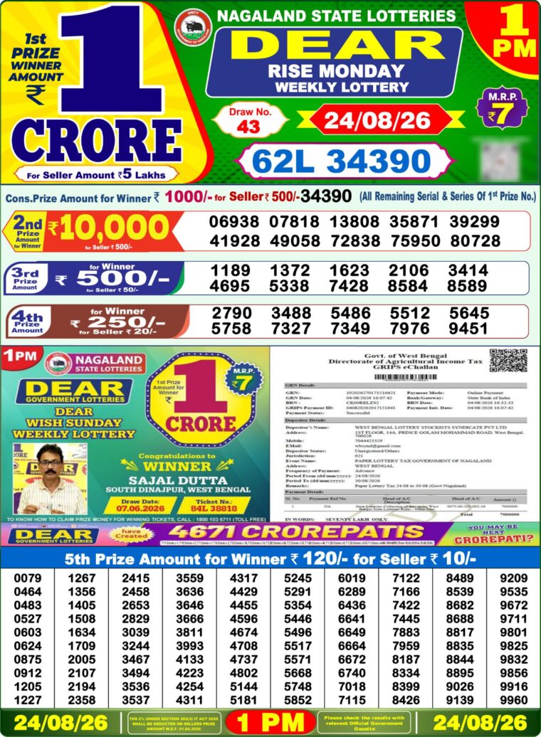 Lottery Sambad West Bengal 1PM Result 24-08-2026
