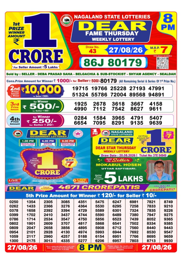 West Bengal Dear Lottery Result 8PM 27-08-2026