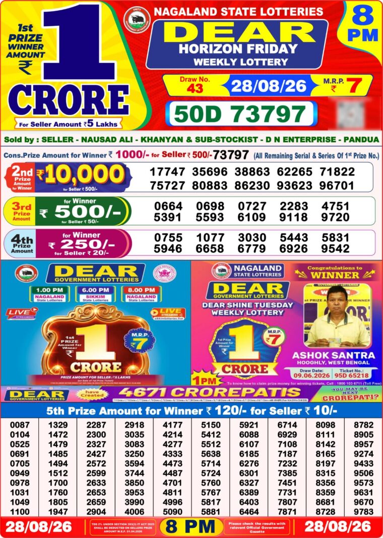 West Bengal Dear Lottery Result 8PM 28-08-2026
