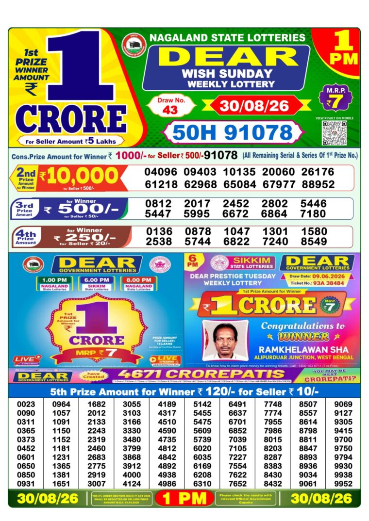 Lottery Sambad West Bengal 1PM Result 30-08-2026