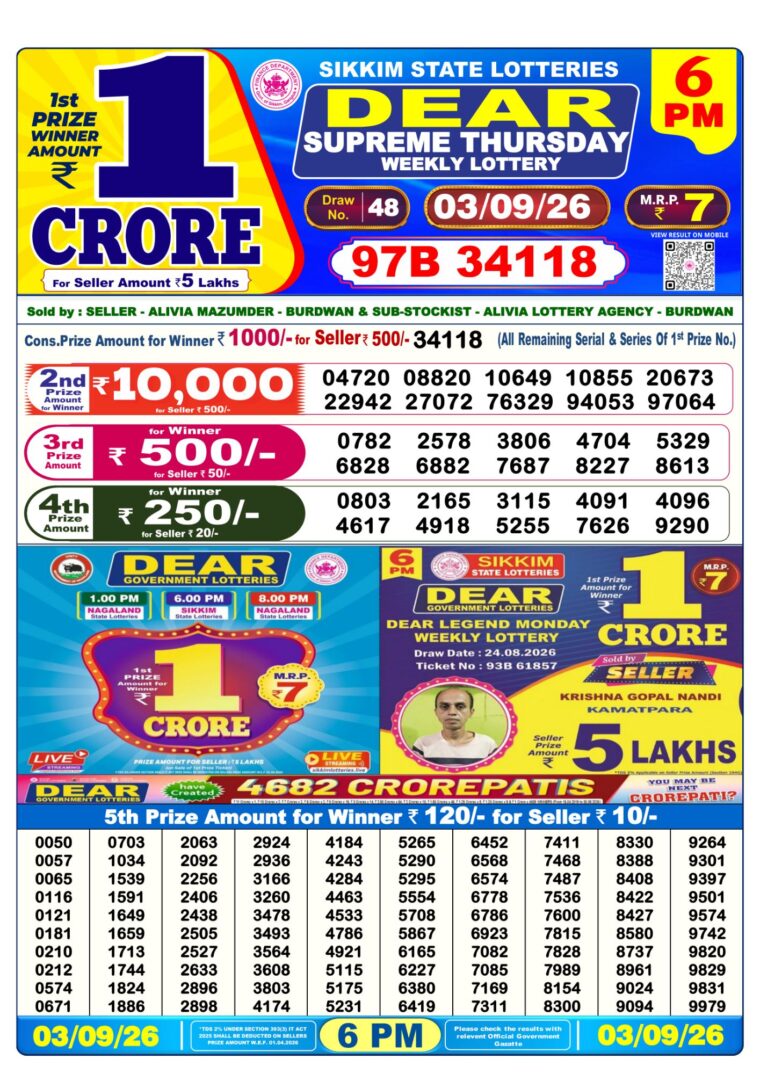 West Bengal Lottery Sambad 6PM 03-09-2026