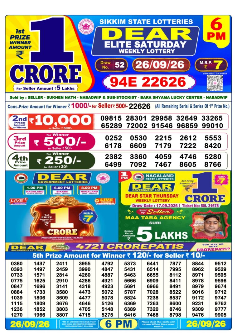 West Bengal Lottery Sambad 6PM 26-09-2026