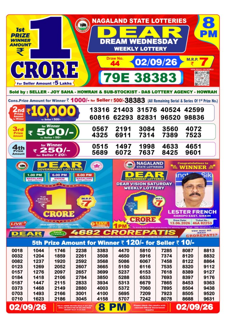 West Bengal Lottery Dear Result 8PM 02-09-2026