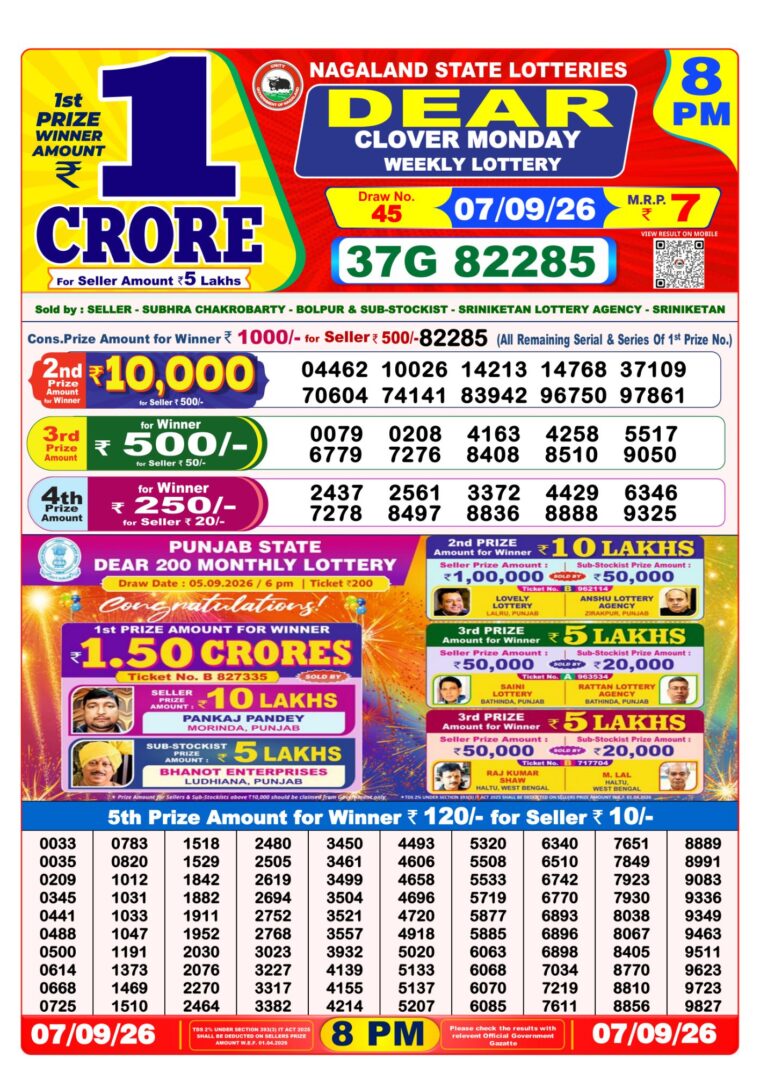 West Bengal Lottery Dear Result 8PM 07-09-2026