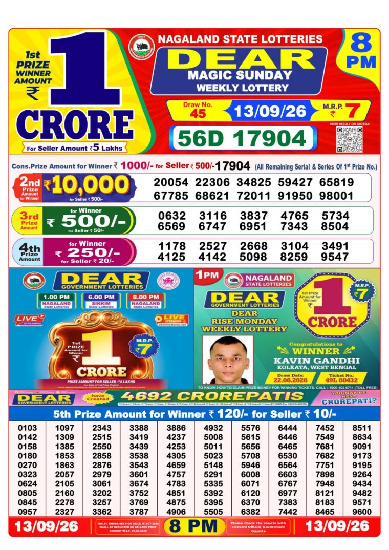 West Bengal Lottery Dear Result 8PM 13-09-2026