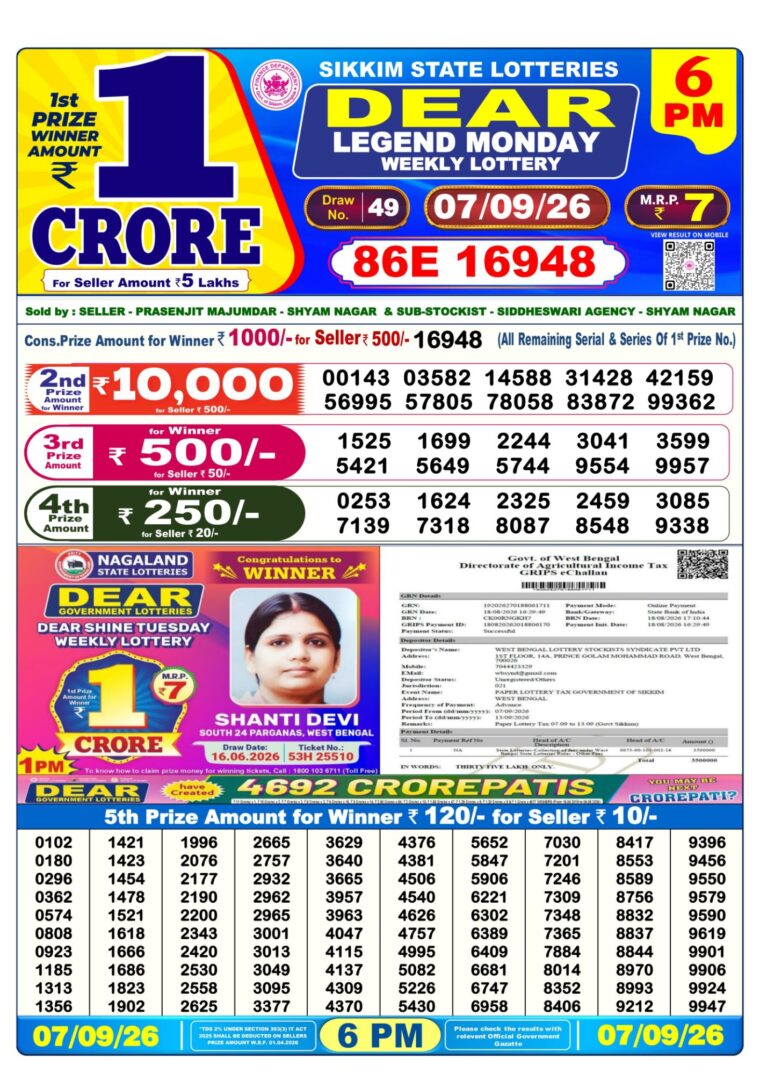 West Bengal Lottery Sambad 6PM 07-09-2026