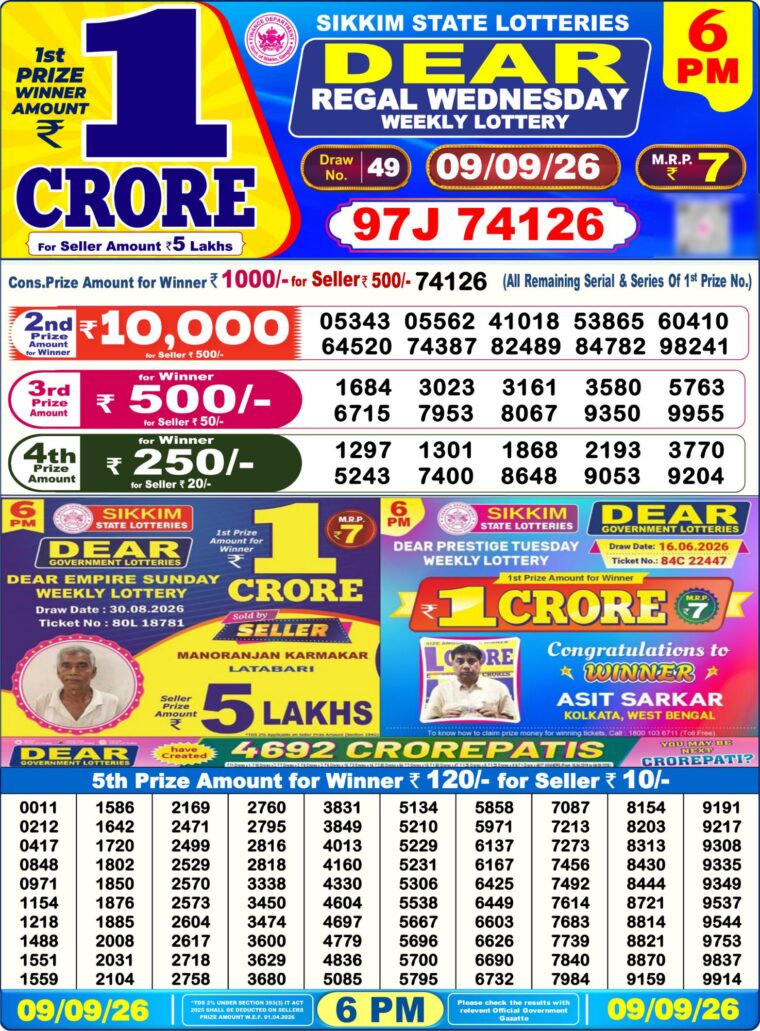 West Bengal Lottery Sambad 6PM 09-09-2026