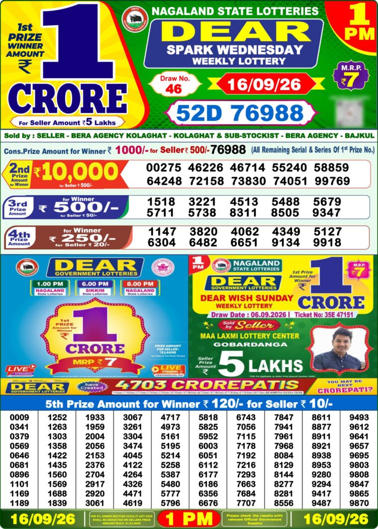 Lottery Sambad West Bengal 1PM Result 16-09-2026