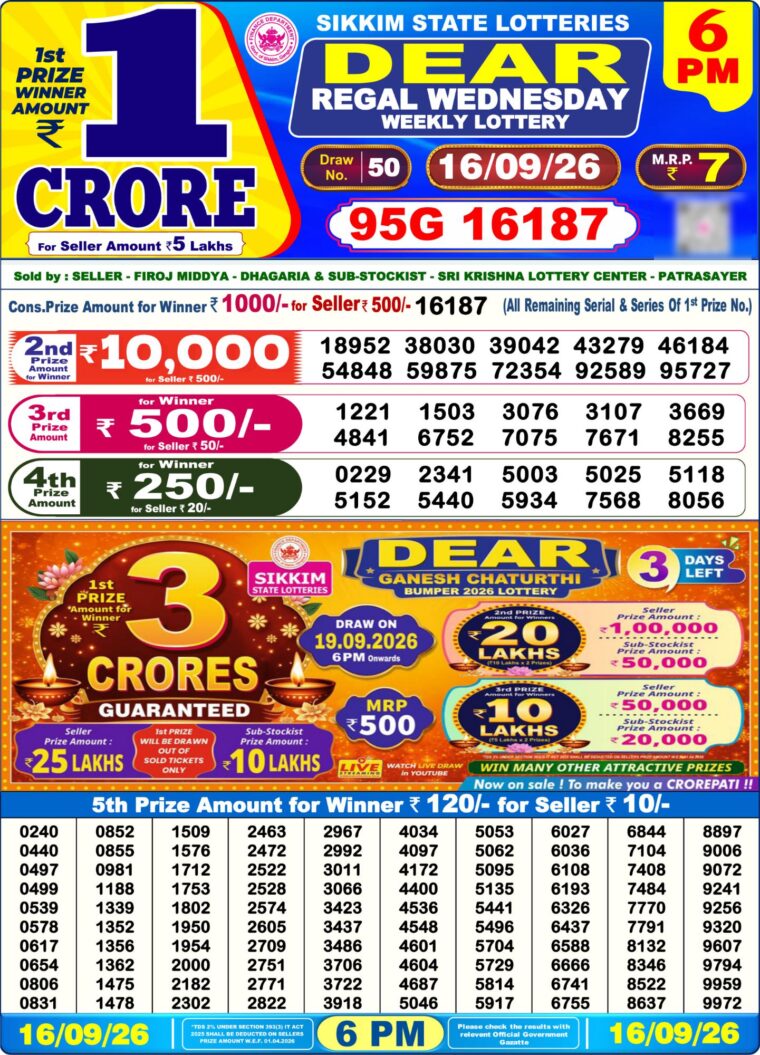 West Bengal Lottery Sambad 6PM 16-09-2026