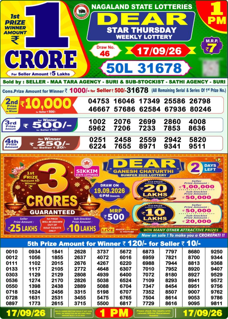 Lottery Sambad West Bengal 1PM Result 17-09-2026