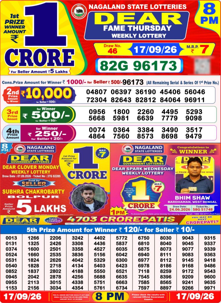 West Bengal Lottery Dear Result 8PM 17-09-2026