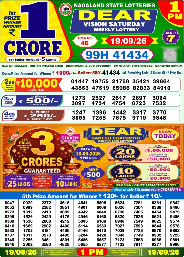 Lottery Sambad West Bengal 1PM Result 19-09-2026