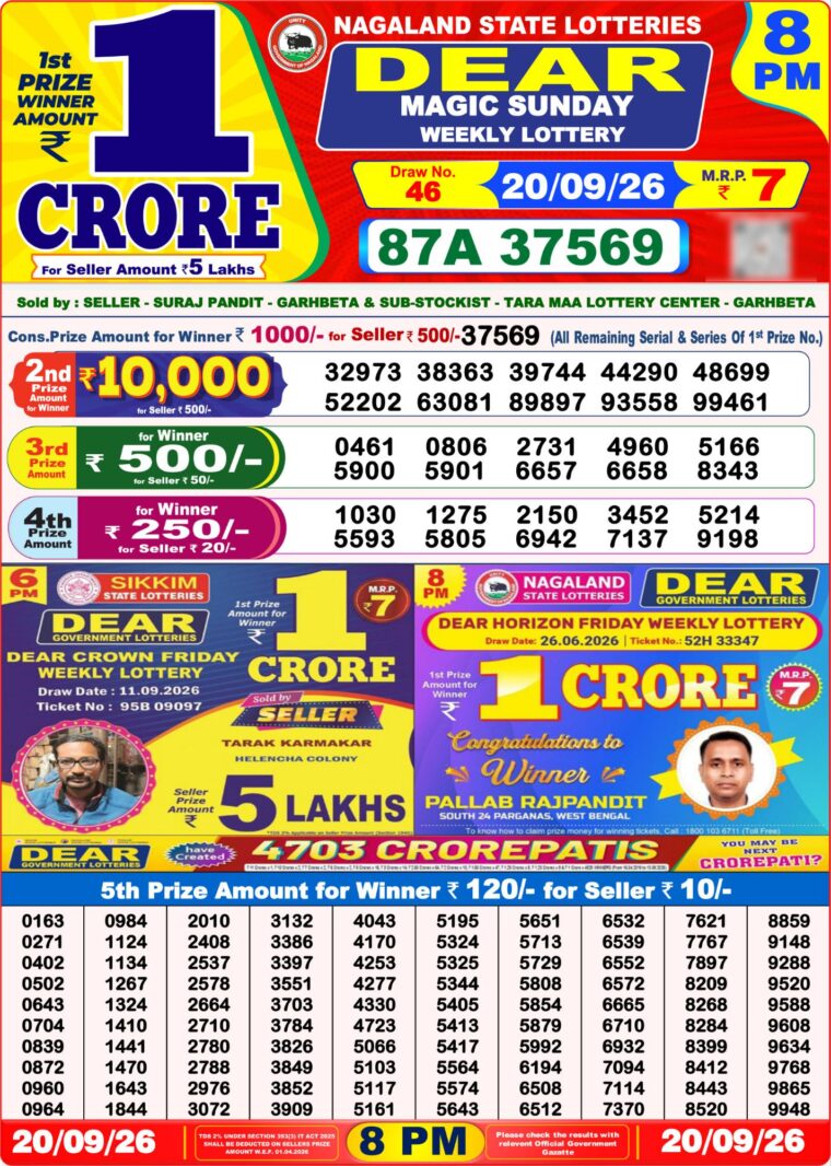 West Bengal Lottery Dear Result 8PM 20-09-2026