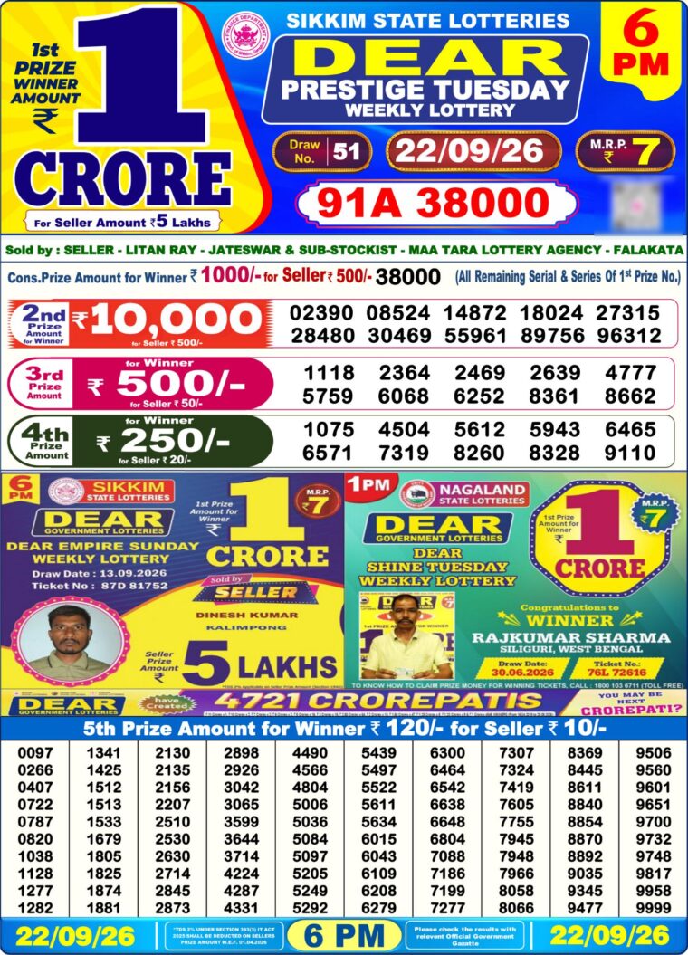 West Bengal Lottery Sambad 6PM 22-09-2026